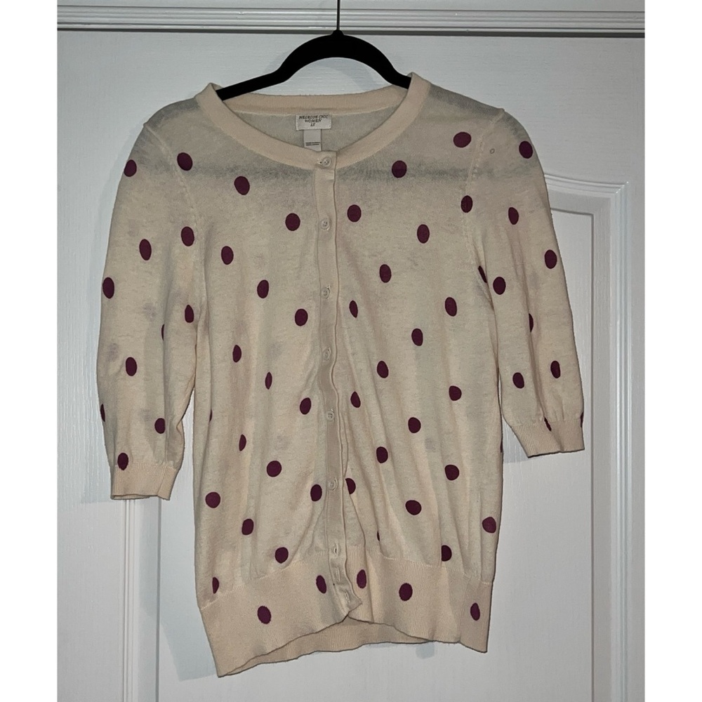 Pre Loved Melrose Chic Plus Size 1X Cardigan Beige with Purple/Mauve Polka Dots